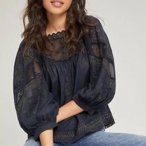 Anthropologie Midnight blue Jaslyn mesh embroidered puff sleeve peasant top L